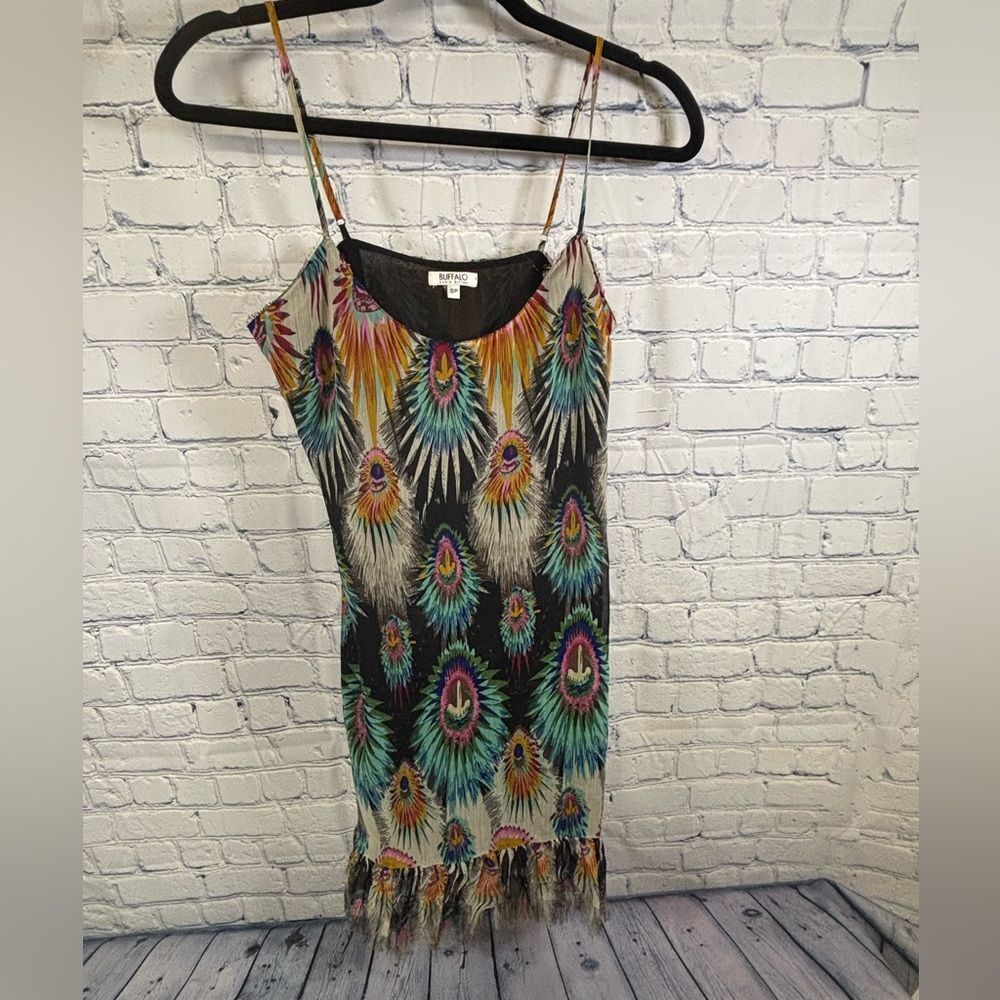 Buffalo David Bitton Vibrant Peacock Feather Print Stevie Boho Mini Dress S